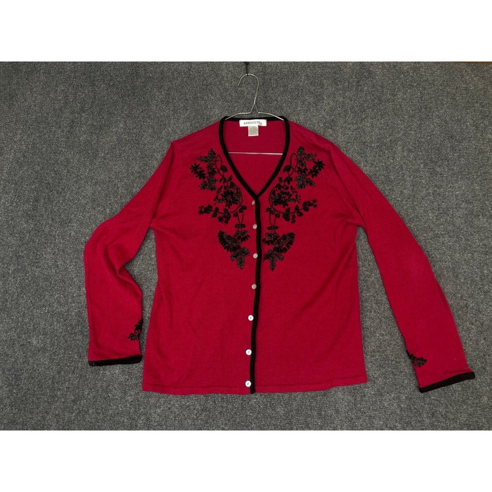 Arriviste Cardigan Sweater Women Large Red Floral Embroidered Velvet Trim V-Neck